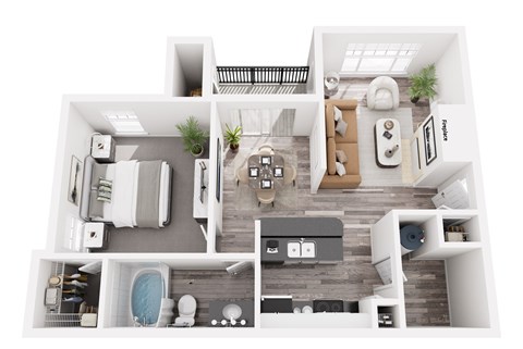 Floor plan for 1 bed, 1 bath, 715 sqft